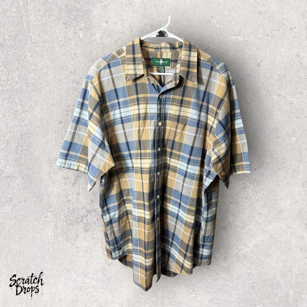 Hunt Club Men's XL/Tall Plaid Button-Down Shirt Casual Short Sleeve Comfortable